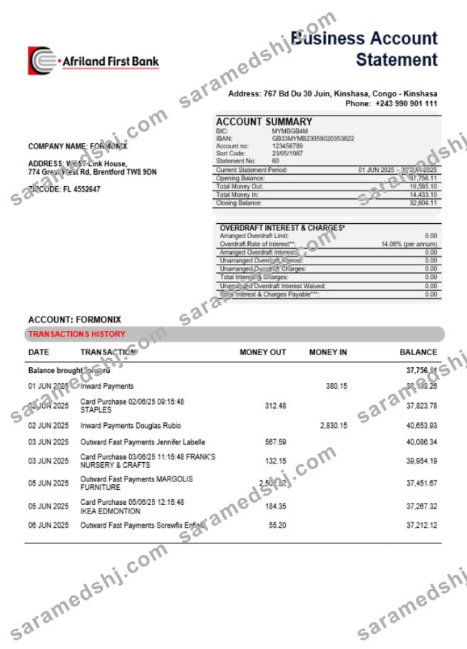 Congo Afriland First Bank business firm account bank statement Word and PDF format